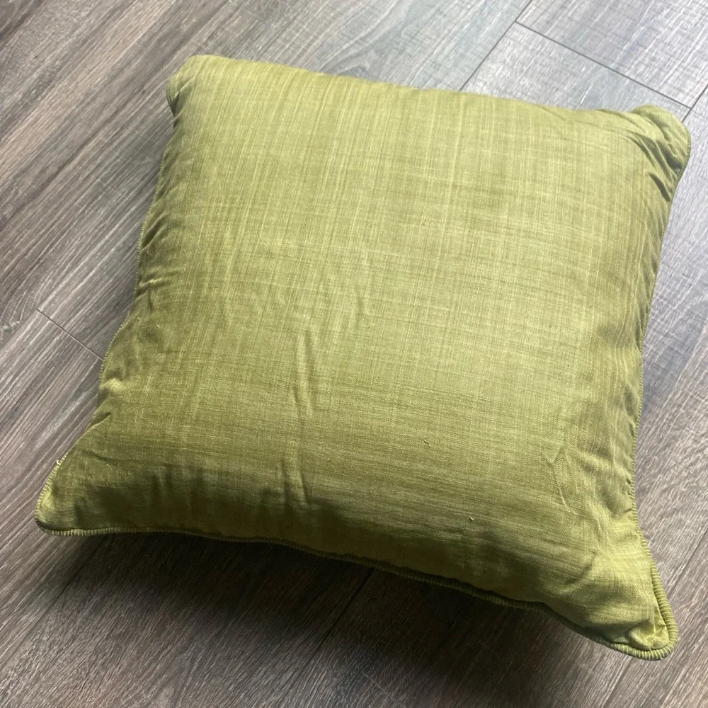 Crate & Barrel pillow cover in olive green and 16 inch pillow (feather filled)